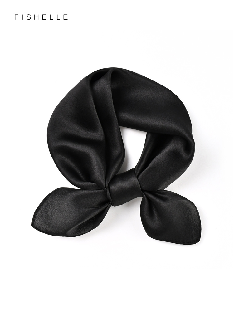 Ascot Neck Scarf - Solid color black pure silk scarf