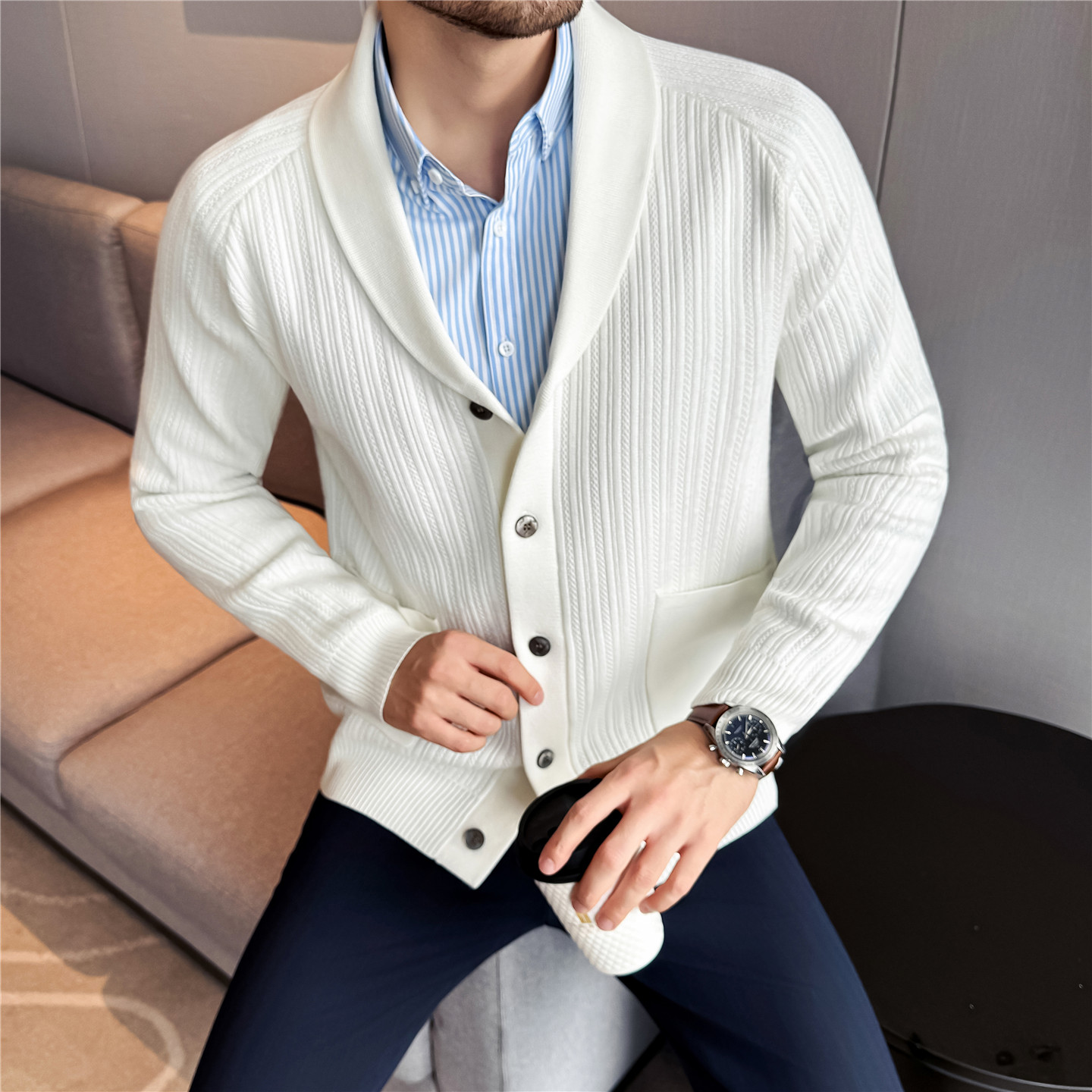 Men's Shawl Collar Knit Cardig - Muffler Men Wool บทวิจารณ์และราคา