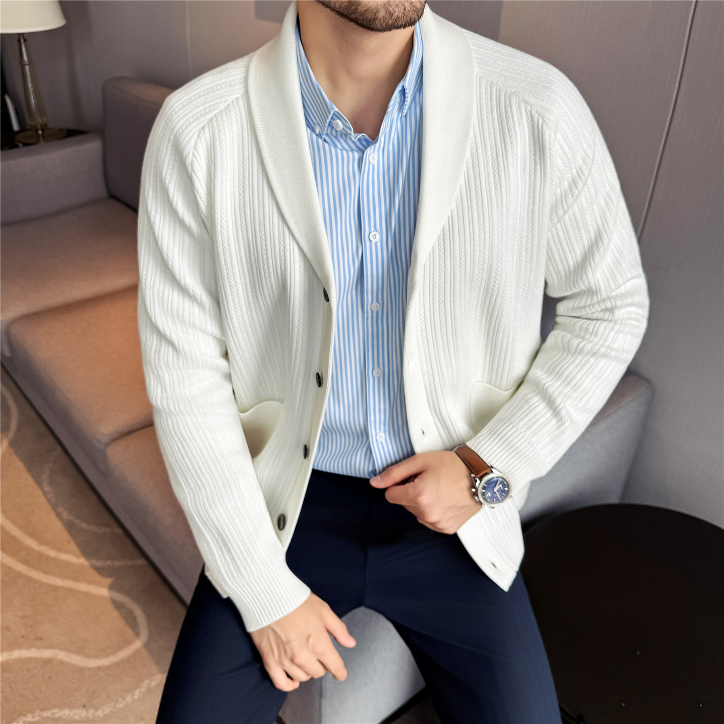 Men's Shawl Collar Knit Cardig - Muffler Men Wool บทวิจารณ์และราคา