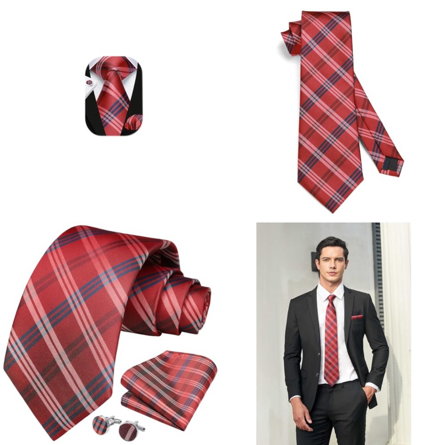 Mens Ties Set Stripe Plaid Tie - Pocket Square Set บทวิจารณ์และราคา