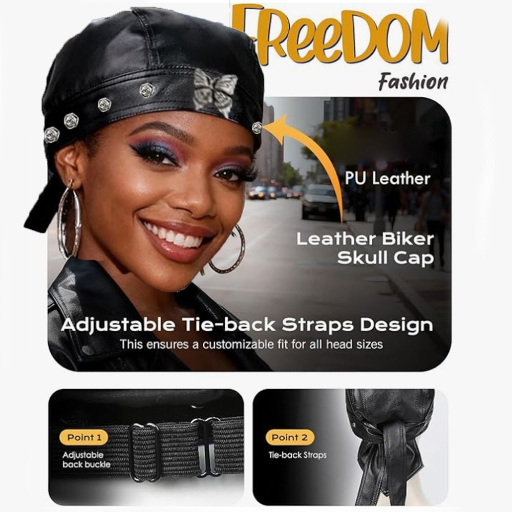 PU Leather Black Biker Cap Adj - Bandana Doo Rag บทวิจารณ์และราคา