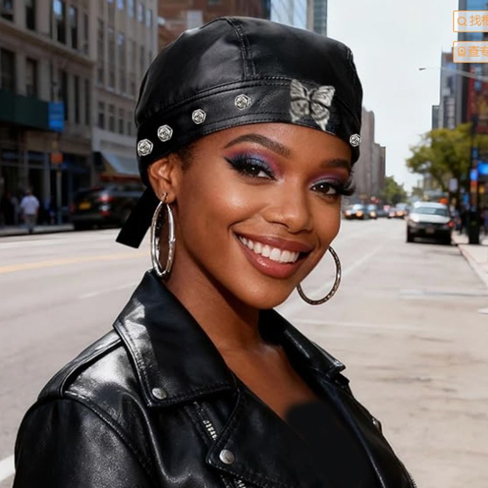 PU Leather Black Biker Cap Adj - Bandana Doo Rag บทวิจารณ์และราคา