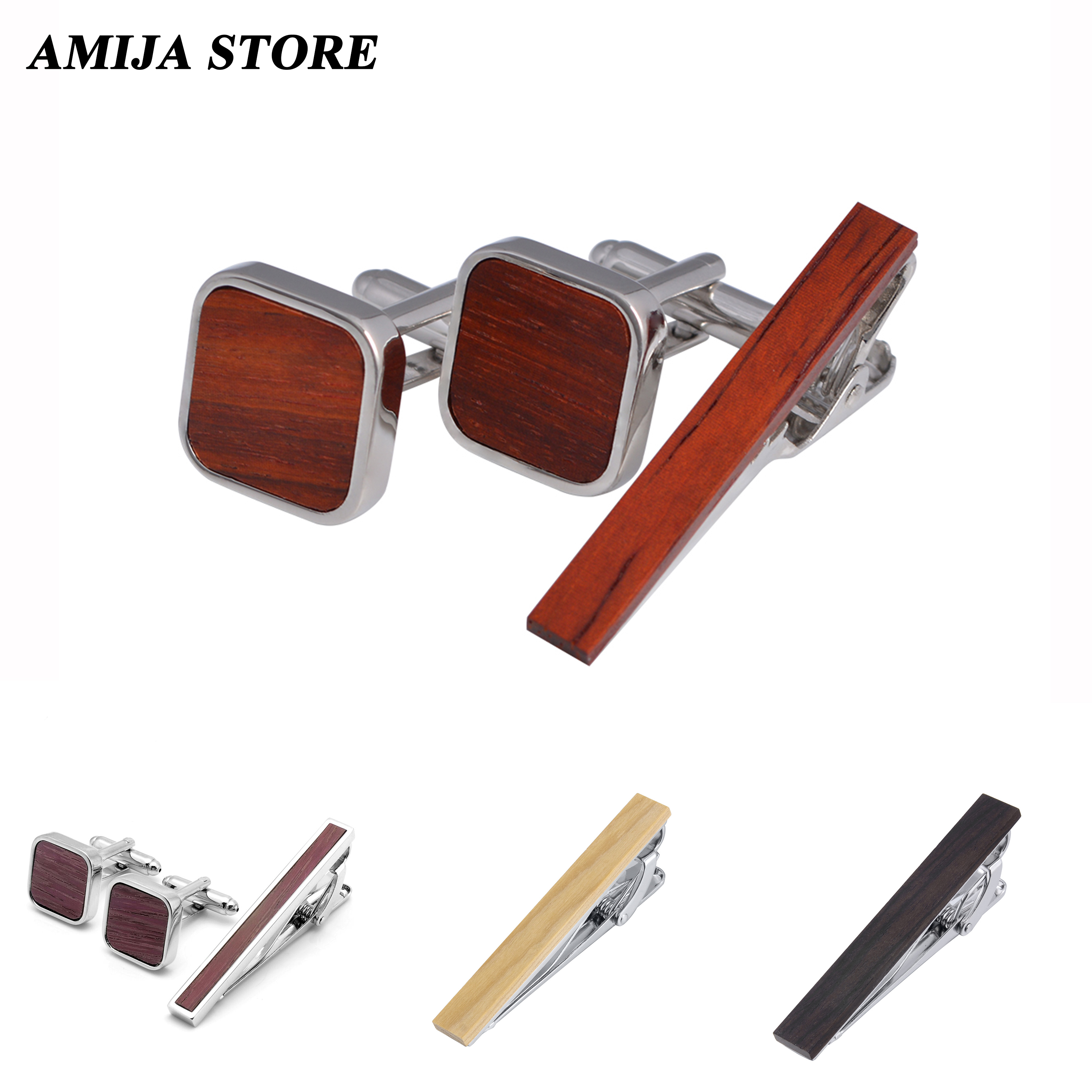 High Quality Wooden Cufflinks  - Tie Bar Set Gift บทวิจารณ์และราคา