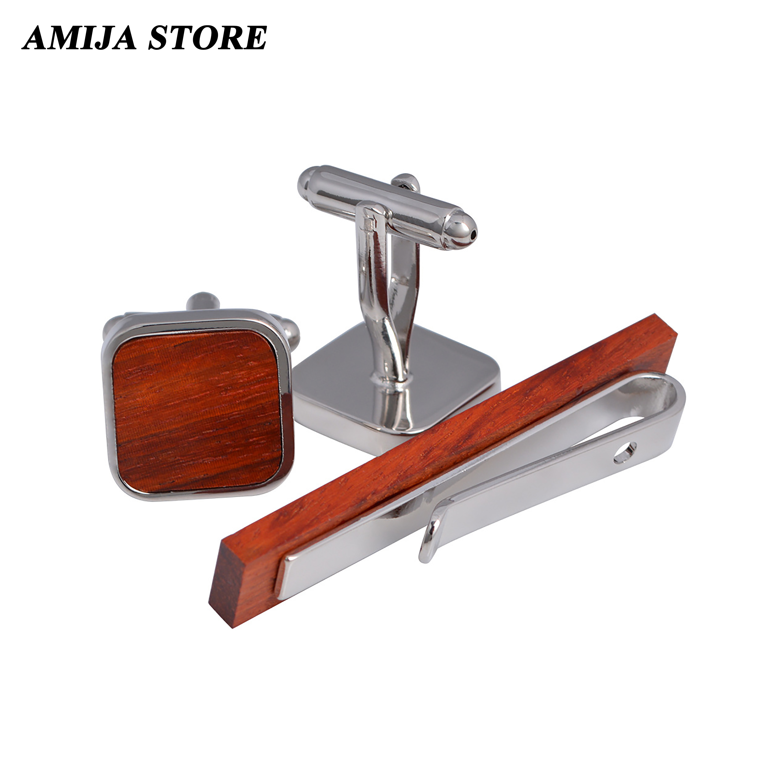 High Quality Wooden Cufflinks  - Tie Bar Set Gift บทวิจารณ์และราคา